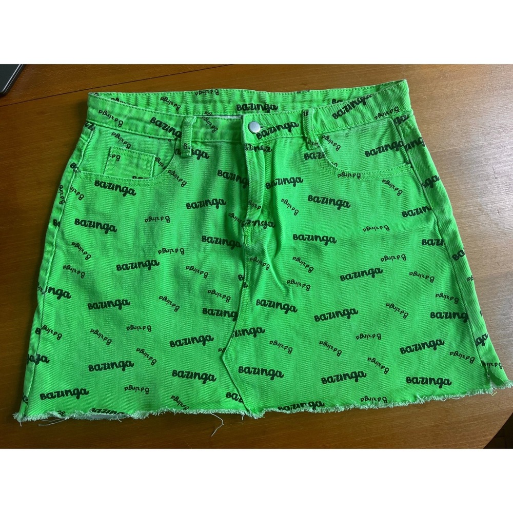 Bazinga Neon Green Denim Mini Skirt All Over Print Frayed Hem Pop Culture
